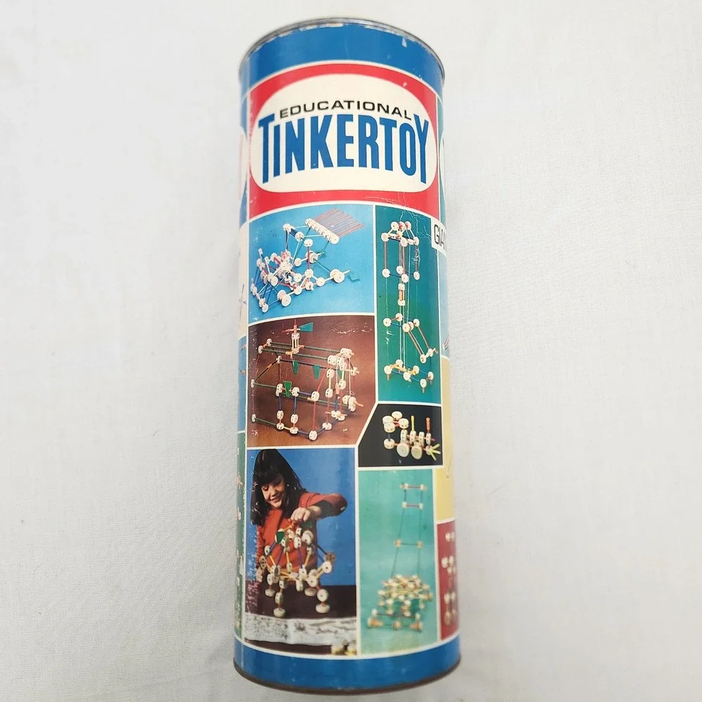 Vintage Tinkertoy Giant Engineer Construction Set 213 Pieces Original Canister